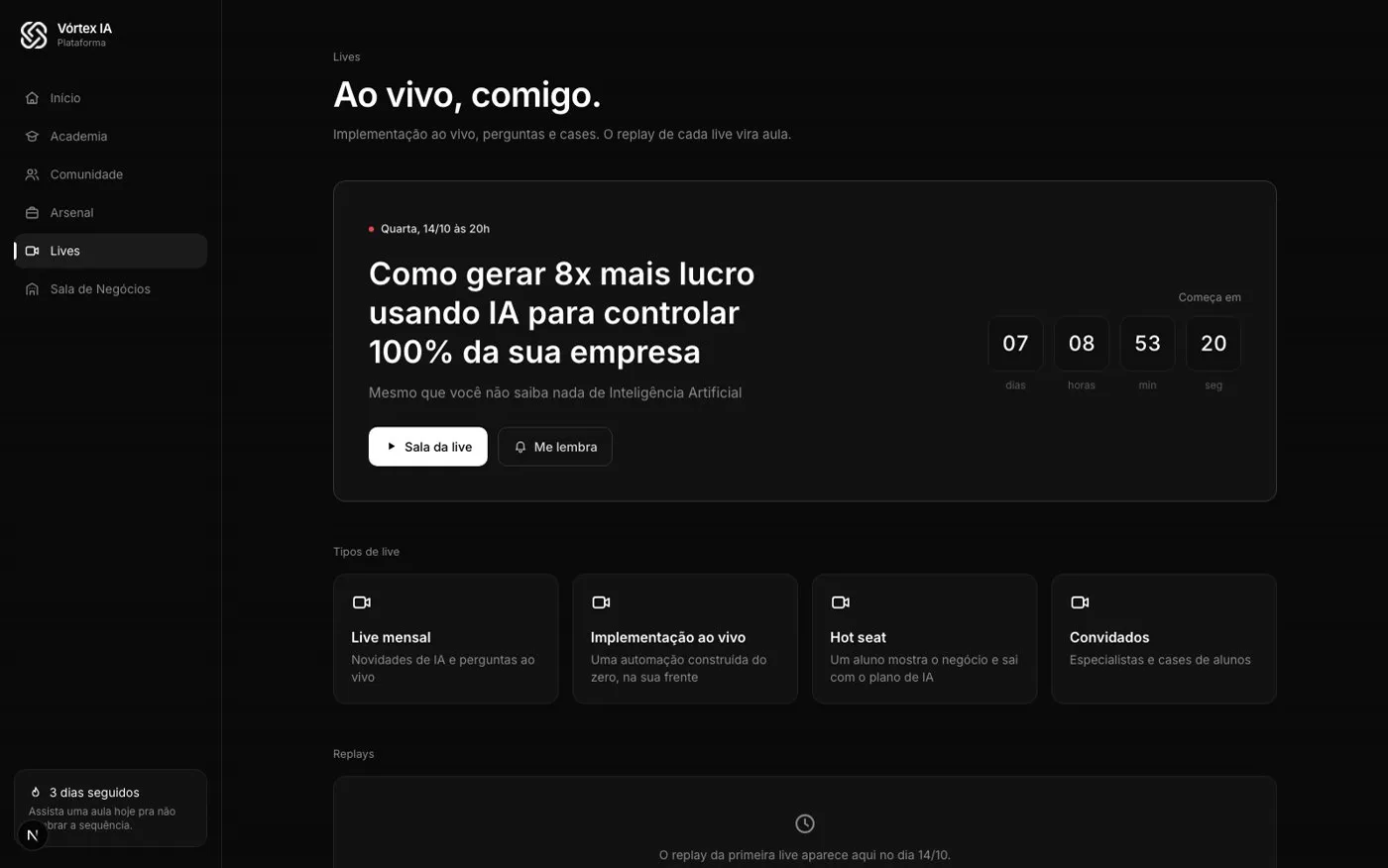 Área de lives da plataforma